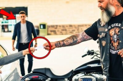 It was late afternoon at a quiet gas station off a lonely stretch of highway. The air was heavy with the smell of fuel and the low rumble of motorcycle engines. A line of Harley stood glinting under the sun, black, chrome, and steel belonging to the Iron Saints, a well-known biker club that often rode through small towns doing charity runs and veteran support rides.