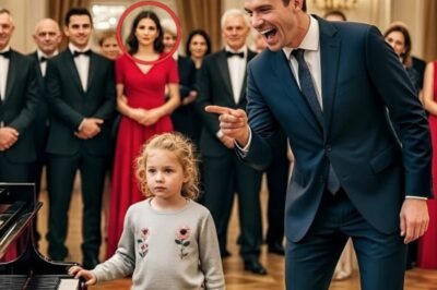 The ballroom was filled with laughter, golden chandeliers throwing glittering light across marble floors, but in one corner stood a little girl, small and fragile, her hands trembling over the polished keys of a grand piano. Her clothes were plain, her shoes scuffed, and yet her eyes carried a quiet determination that seemed to pierce through the grandeur around her.