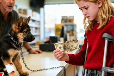 The 10-year-old girl stood in the falling snow outside Thompson’s pet store, her metal leg brace gleaming under the street lights. In her trembling hand, she clutched 10 crumpled dollar bills, every cent she owned in the world. Through the frosted window, she could see a black and tan German Shepherd puppy limping alone in the corner, as broken as she was.